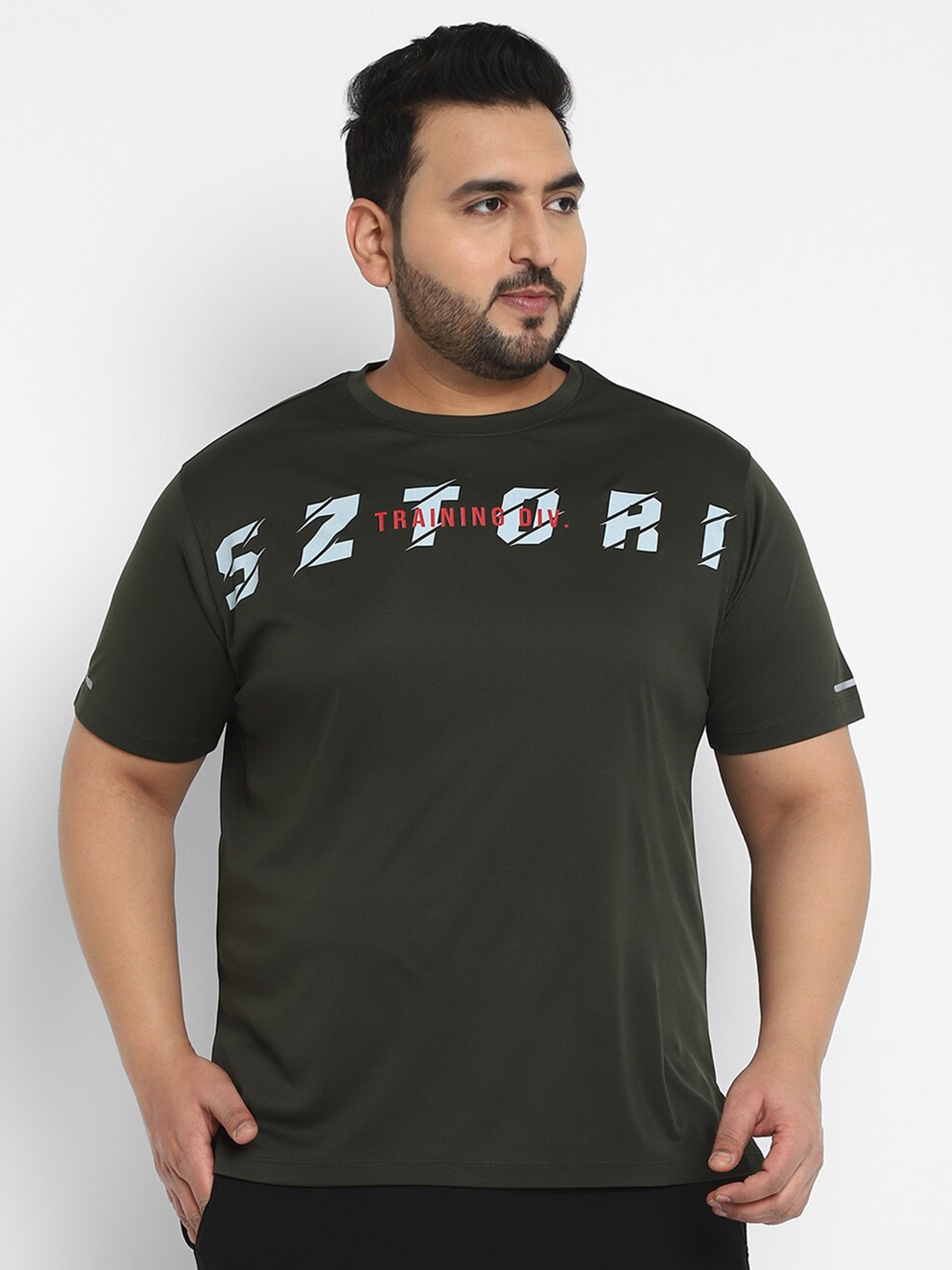 

Sztori Plus Size Active Wear Typography Printed T-shirt, Olive