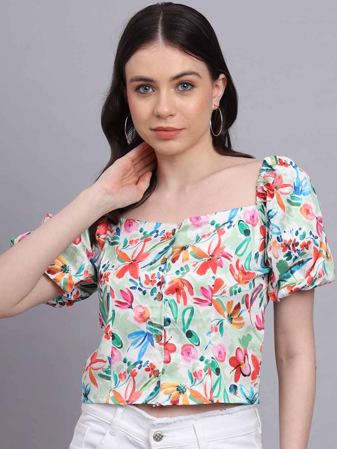 

Hinaya Floral Printed Puff Sleeve Satin Crop Top, Blue