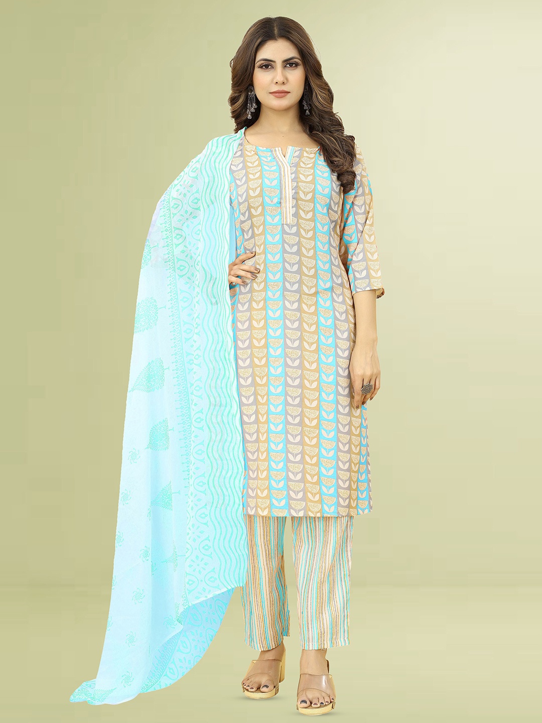 

Hinaya Striped Round Neck Kurta with Trousers & With Dupatta, Teal