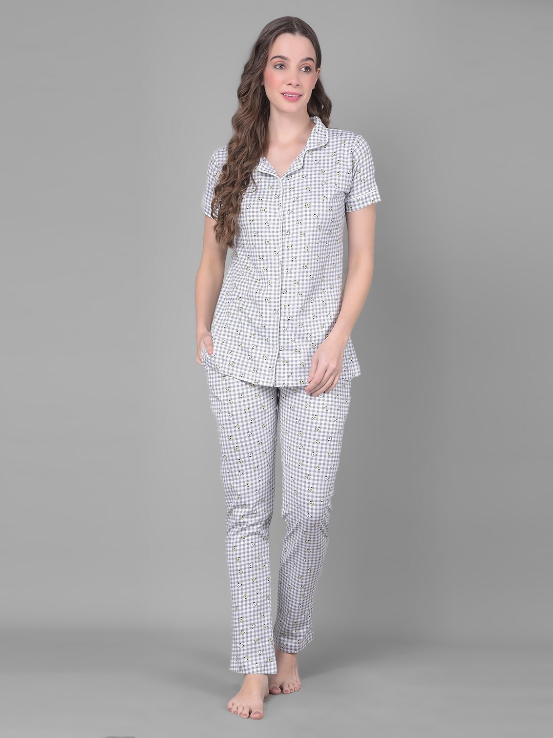 

Dollar Missy Checked Pure Cotton Night suit, White