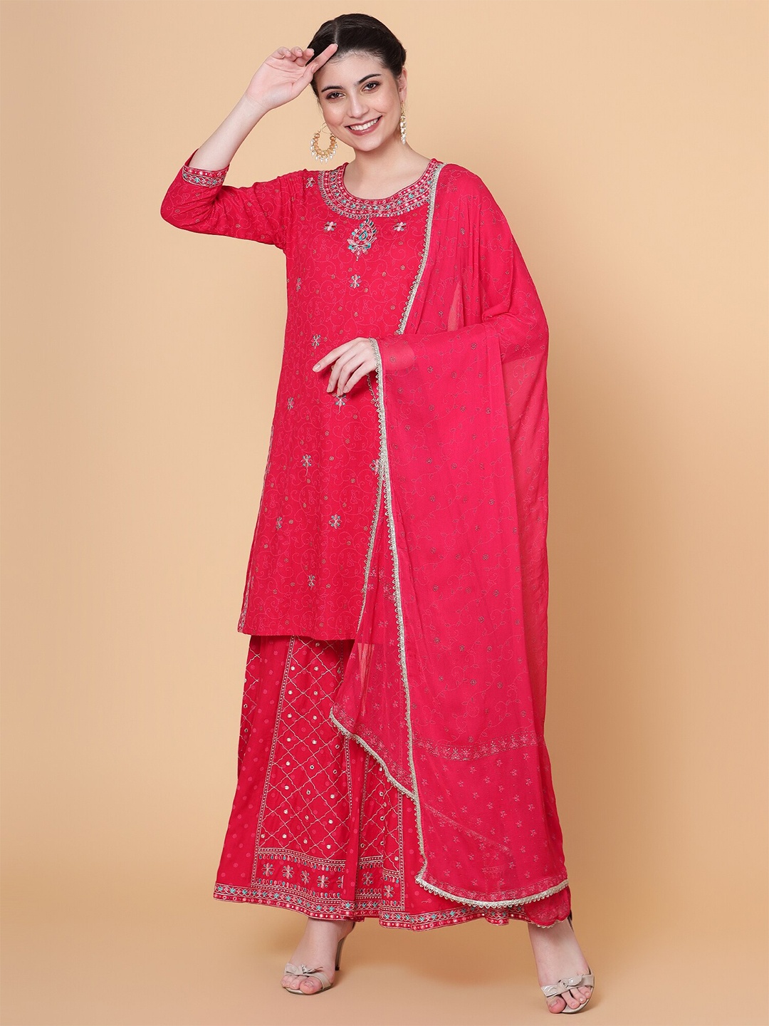 

BAESD Ethnic Motifs Embroidered Three-Quarter Sleeves Thread Work Kurta Set, Maroon