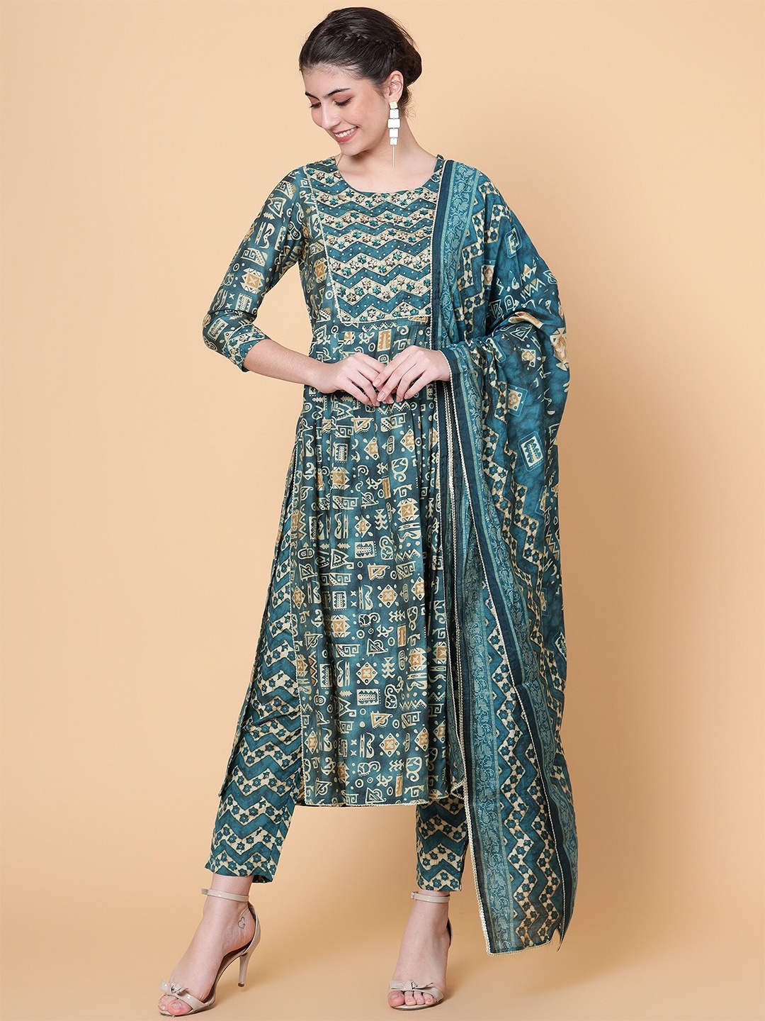 

BAESD Ethnic Motifs Printed Chanderi Silk Kurta with Trousers & With Dupatta, Teal