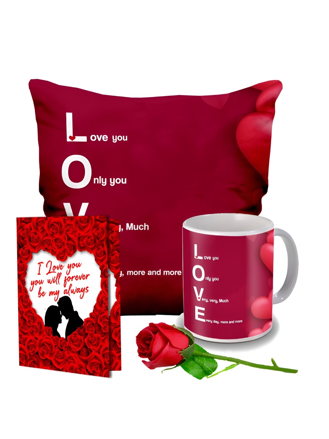 

ME & YOU Red & White 4 Pieces Printed Cushion, Mug, Rose & Greeting Card Gift Set