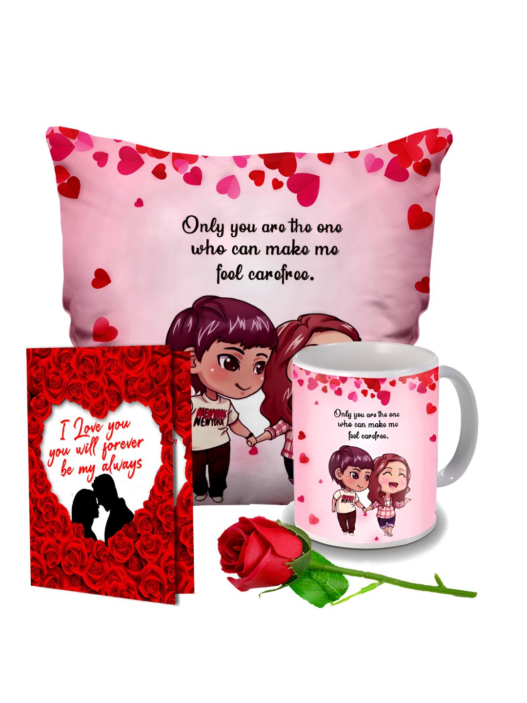 

ME & YOU Red & Pink 4 Pcs Printed Cushion, Mug, Rose & Greeting Card Gift Set