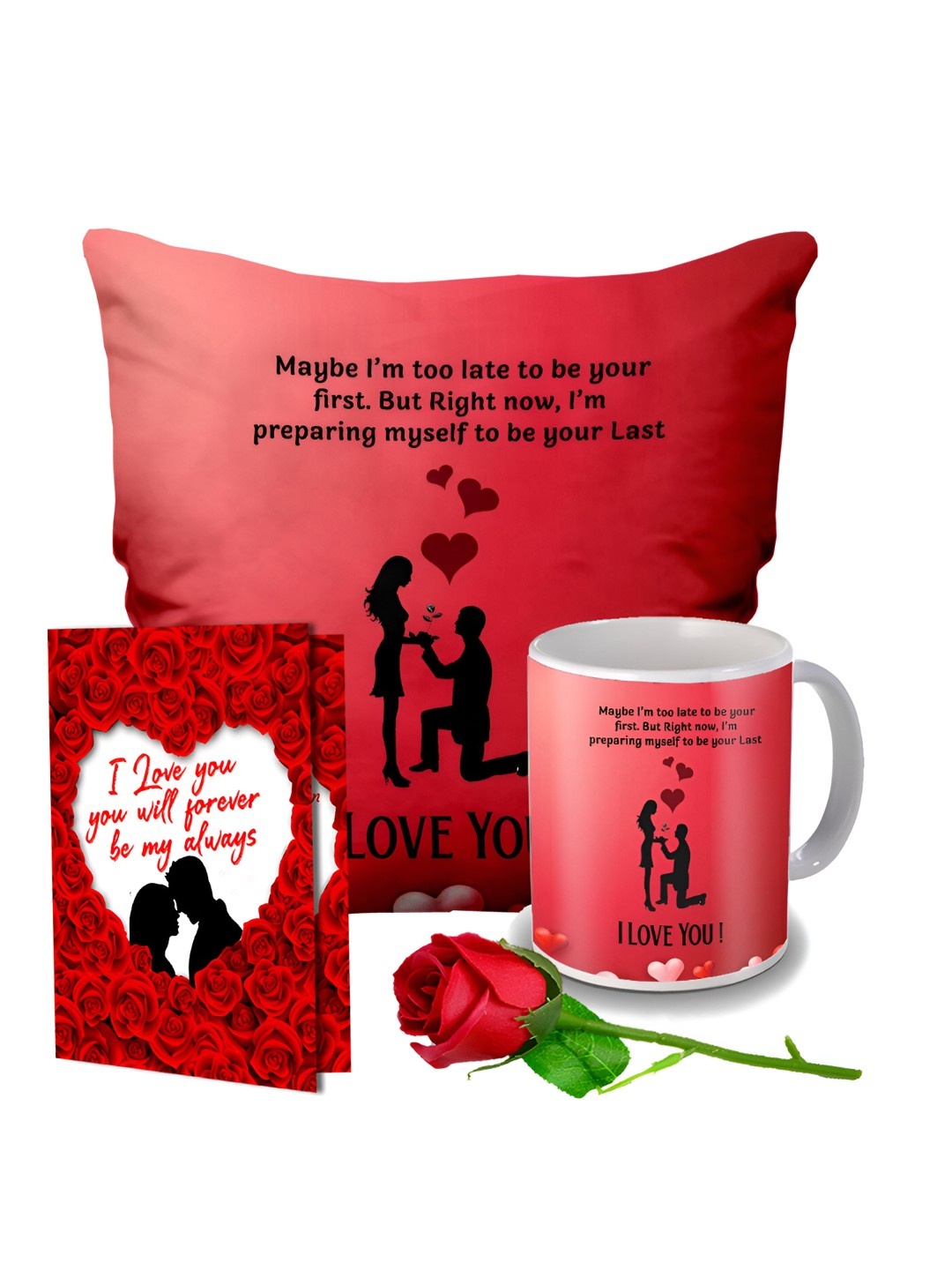 

ME & YOU Red & Black 4 Pieces Printed Cushion, Mug, Rose & Greeting Card Gift Set