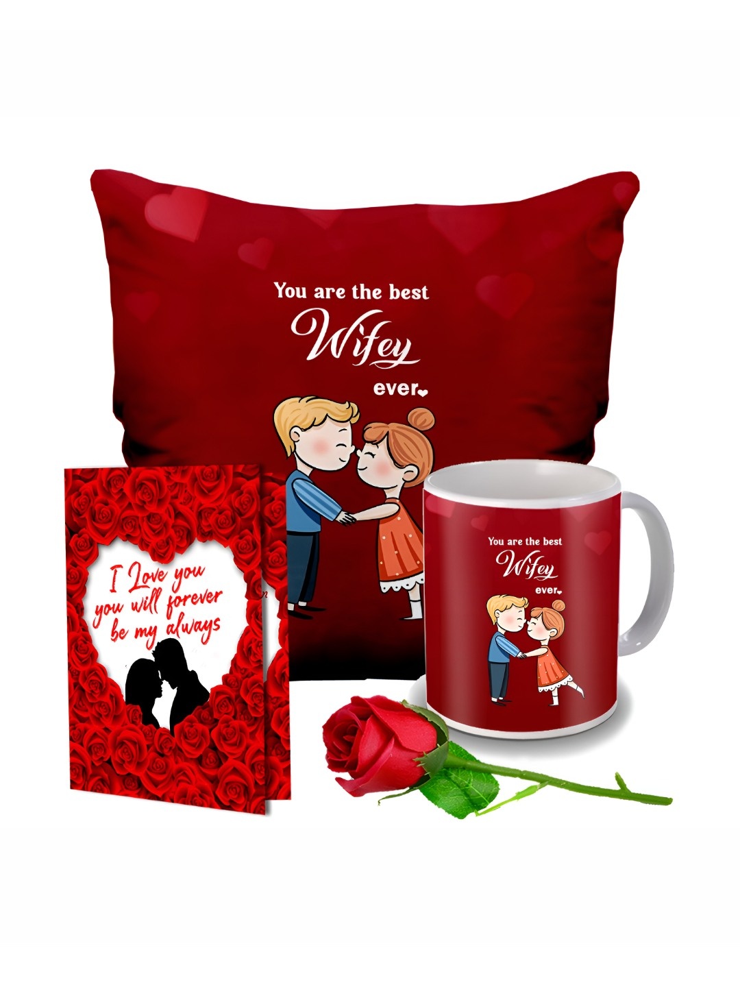 

ME & YOU Red & White 4 Pcs Printed Cushion, Mug, Rose & Greeting Card Gift Set