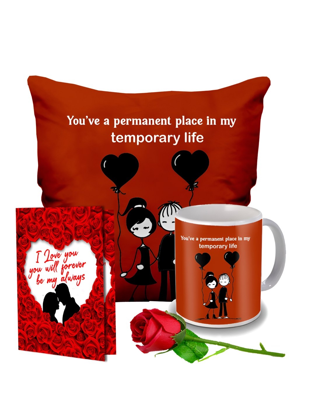 

ME & YOU Red & White 4 Pieces Printed Cushion, Mug, Rose & Greeting Card Gift Set