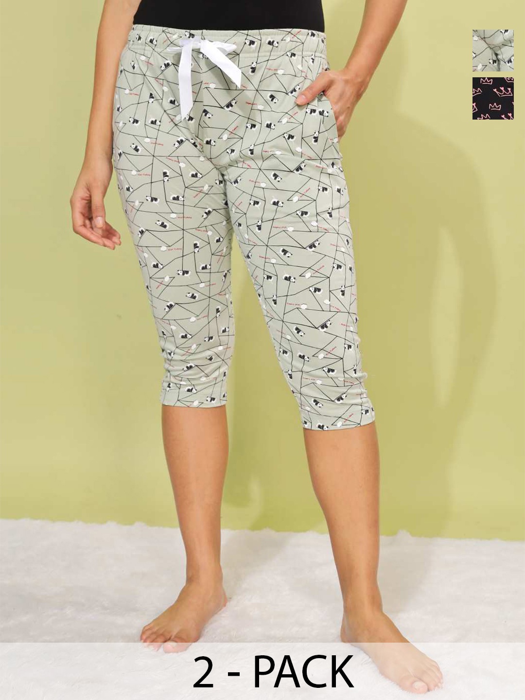 

Dollar Missy Pack Of 2 Printed Cotton Skinny Fit Capris, Green