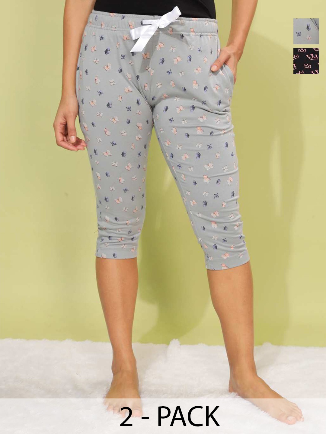 

Dollar Missy Pack Of 2 Printed Cotton Skinny Fit Capris, Black