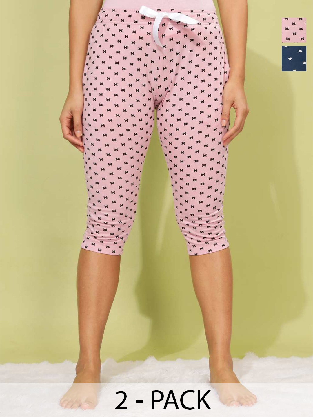 Dollar Missy Pack Of 2 Printed Cotton Skinny Fit Capris, Blue
