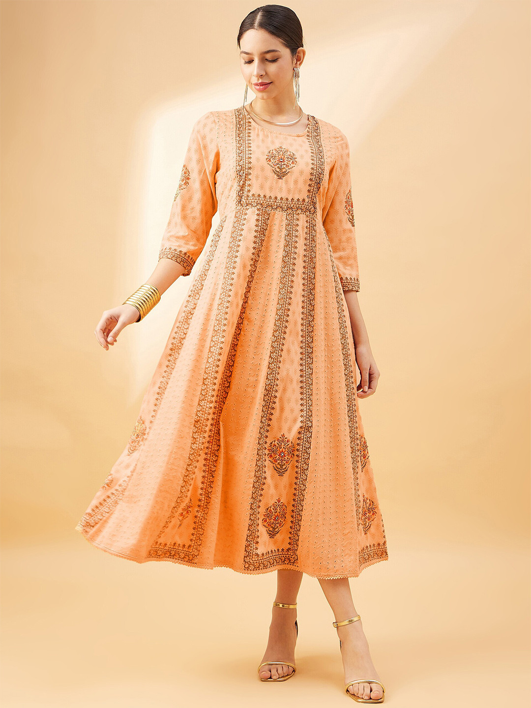 

all about you Peach Coloured Ethnic Motifs Printed Round Neck Empire Cotton Midi Dress
