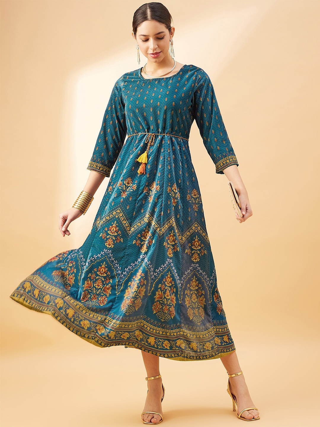 

all about you Blue Ethnic Motifs Printed Round Neck Velvet Maxi Dress