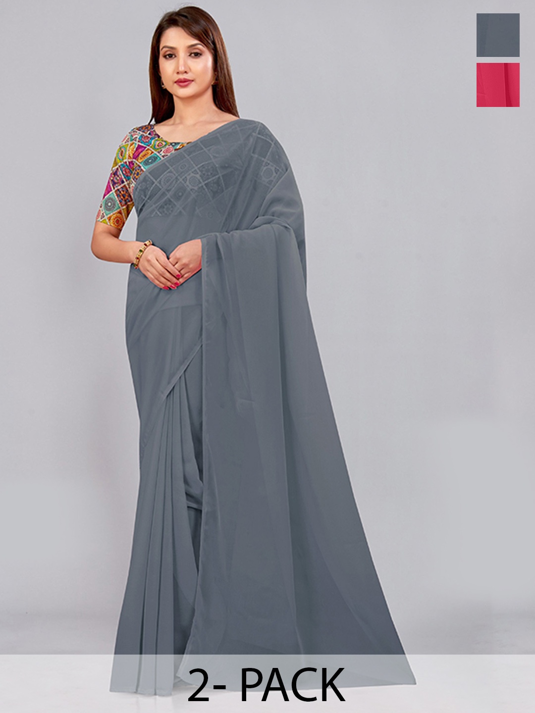 

CastilloFab Selection Of 2 Pure Georgette Saree, Grey
