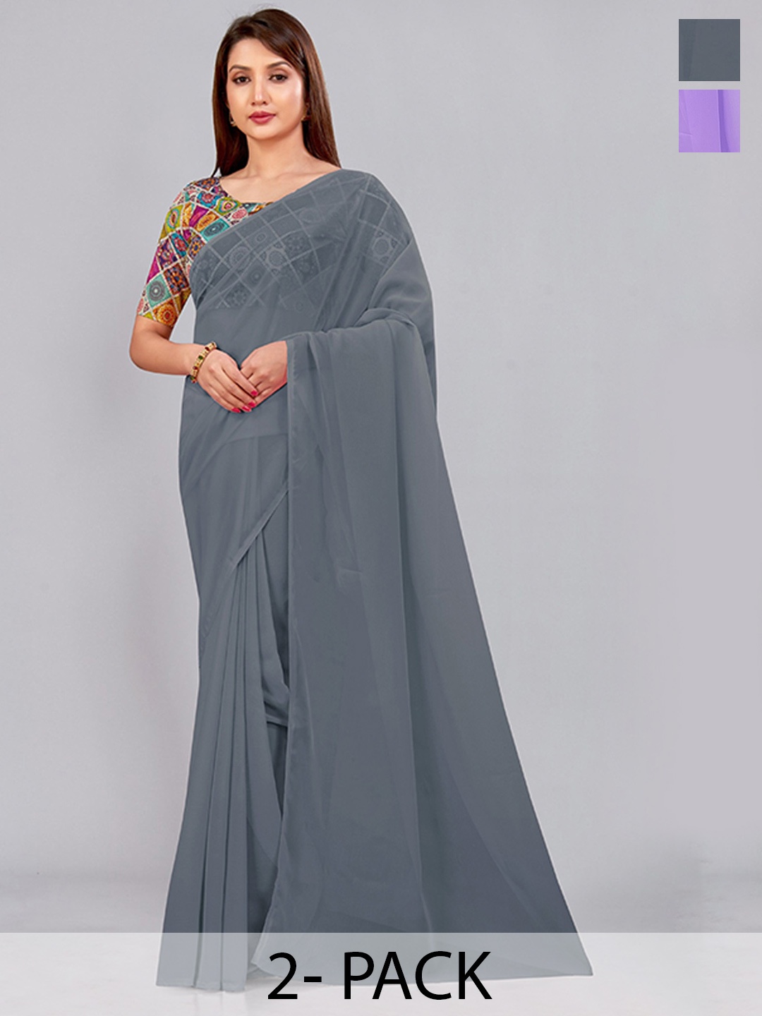 

CastilloFab Selection Of 2 Pure Georgette Saree, Grey