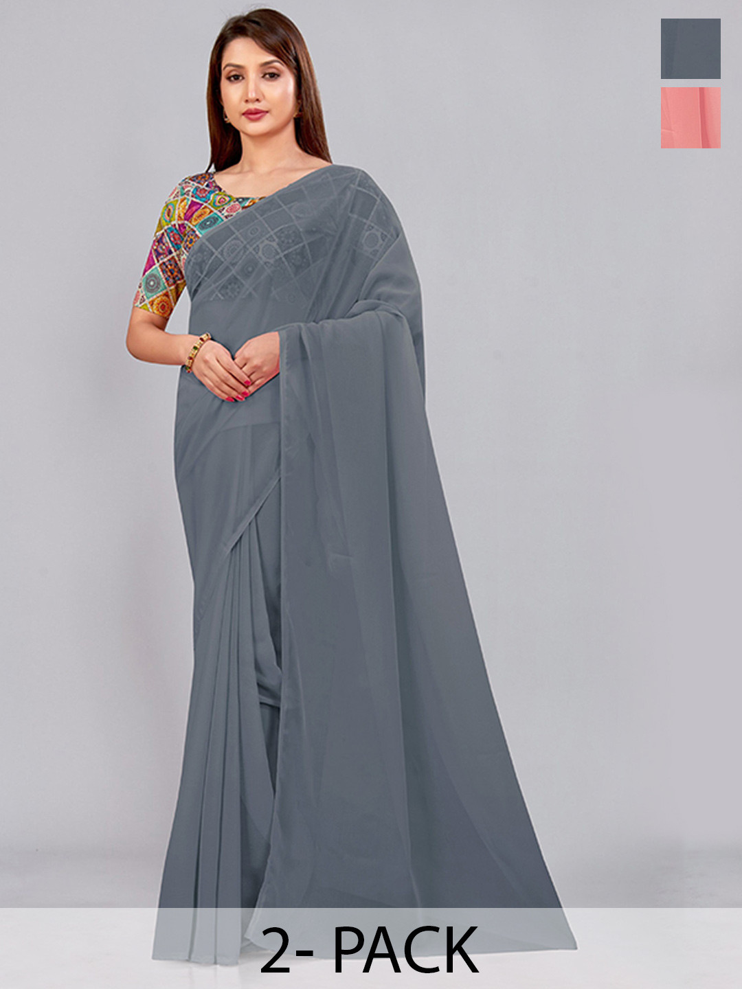

CastilloFab Selection Of 2 Pure Georgette Saree, Grey