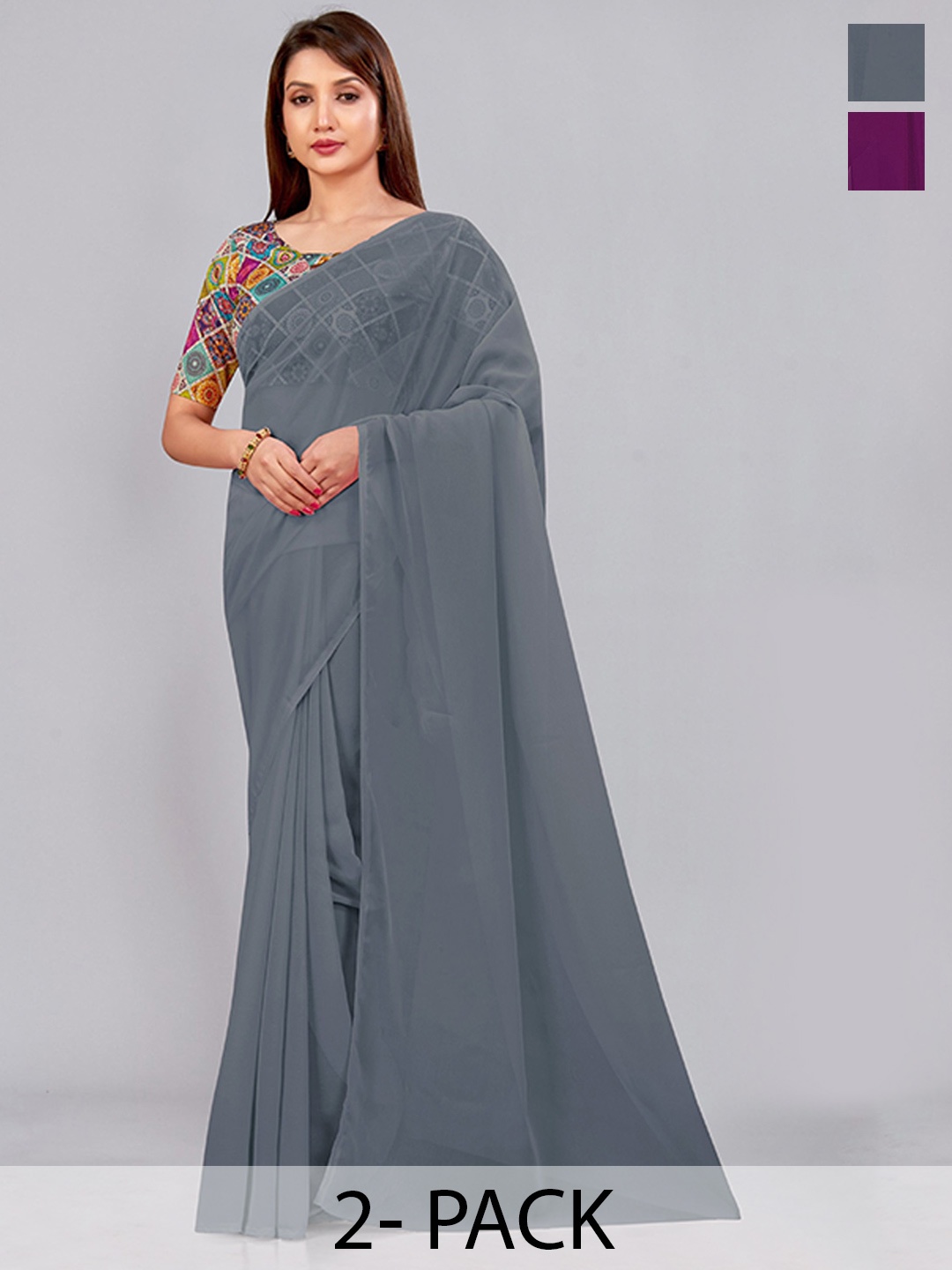 

CastilloFab Selection Of 2 Pure Georgette Saree, Grey