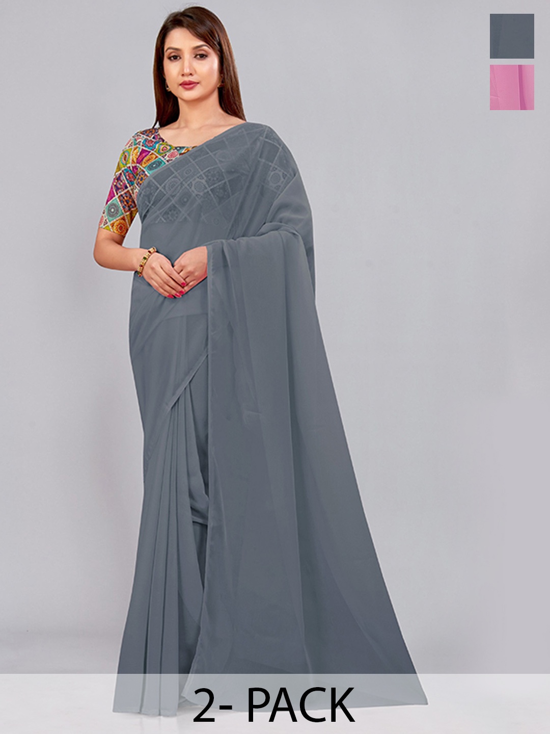 

CastilloFab Selection Of 2 Pure Georgette Saree, Grey