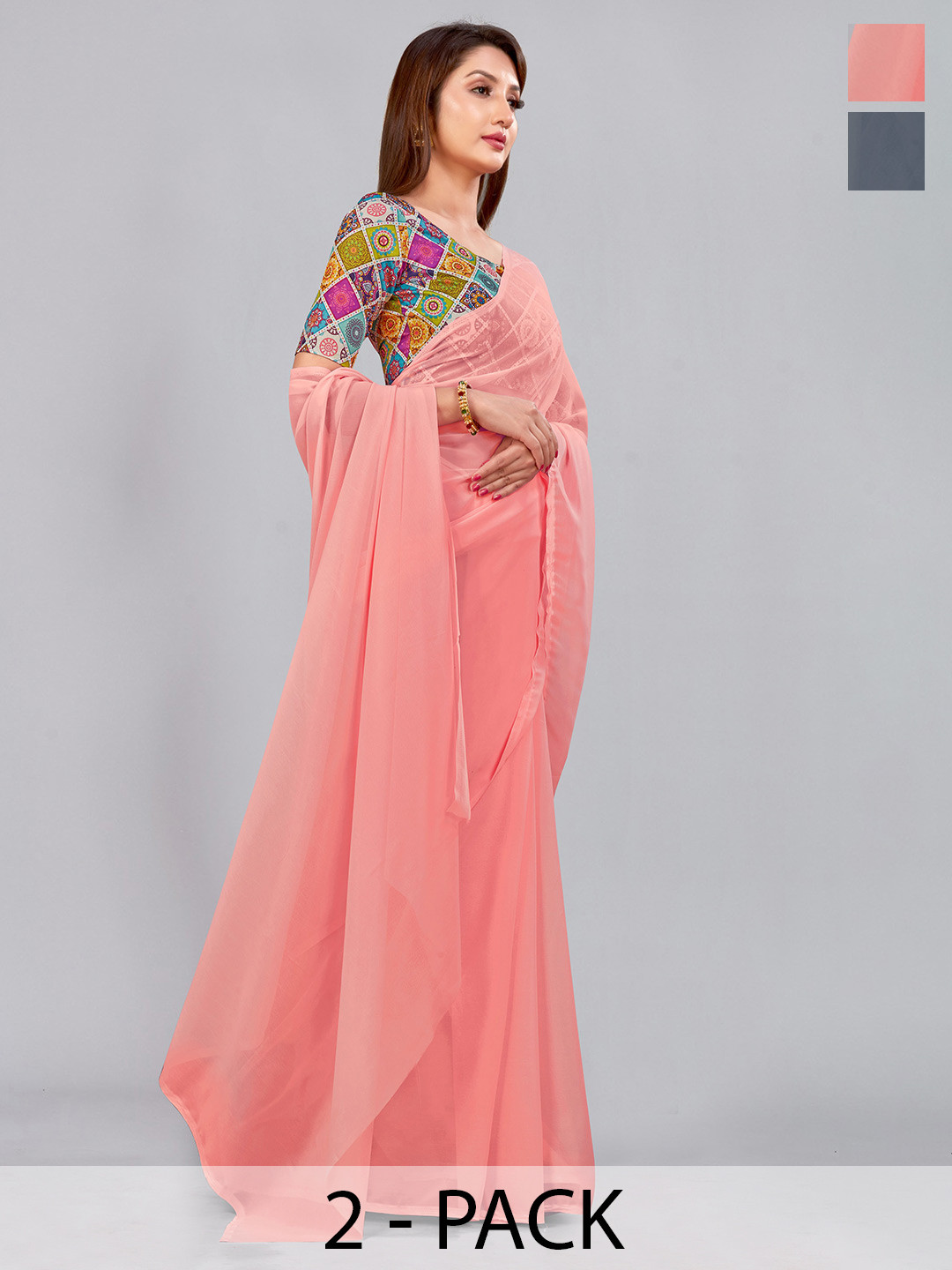 

CastilloFab Selection Of 2 Pure Georgette Saree, Peach