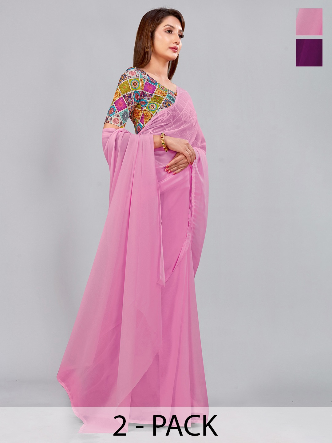 

CastilloFab Selection Of 2 Pure Georgette Saree, Pink