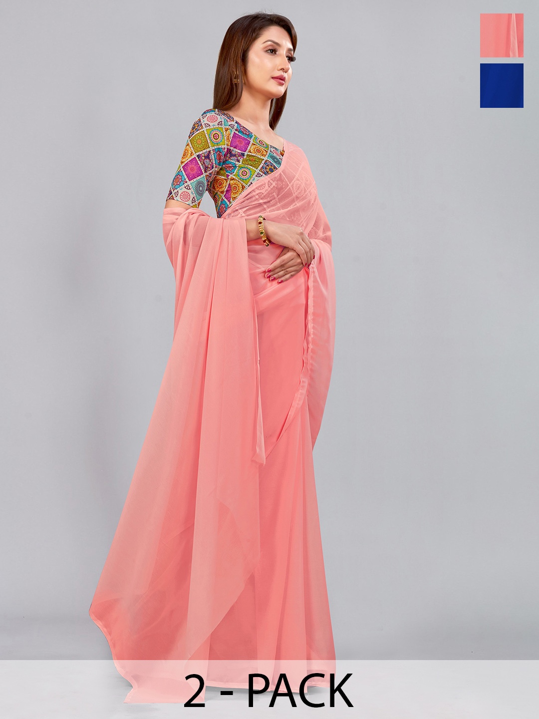 

CastilloFab Selection Of 2 Pure Georgette Saree, Peach