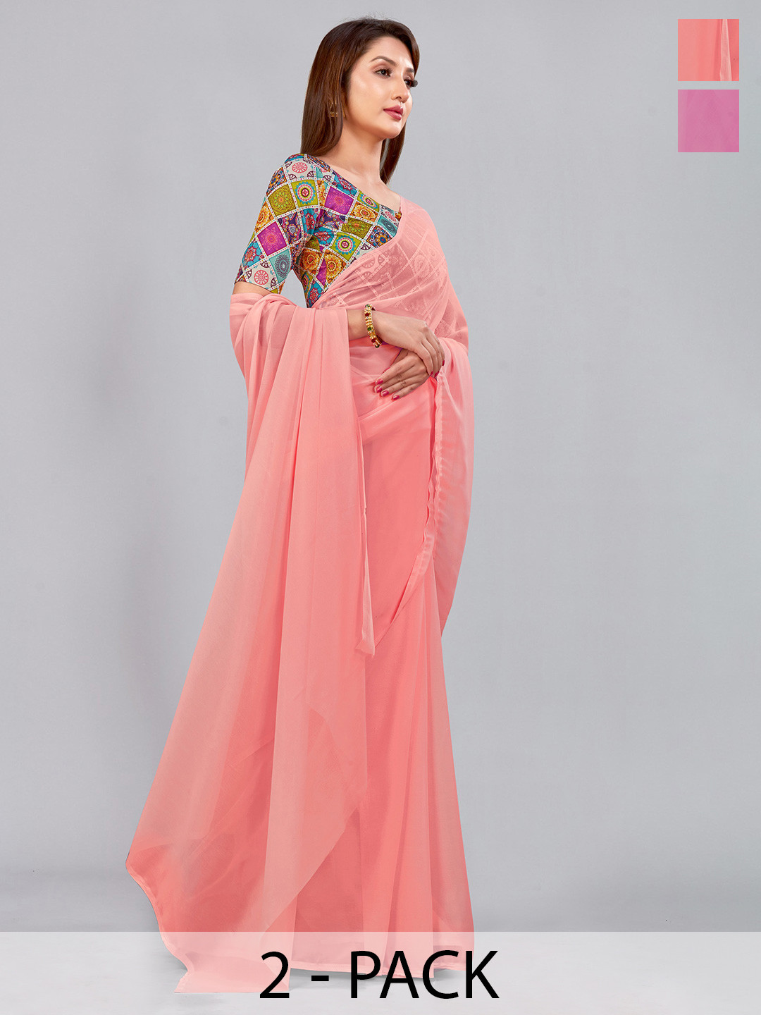 

CastilloFab Selection Of 2 Pure Georgette Saree, Peach