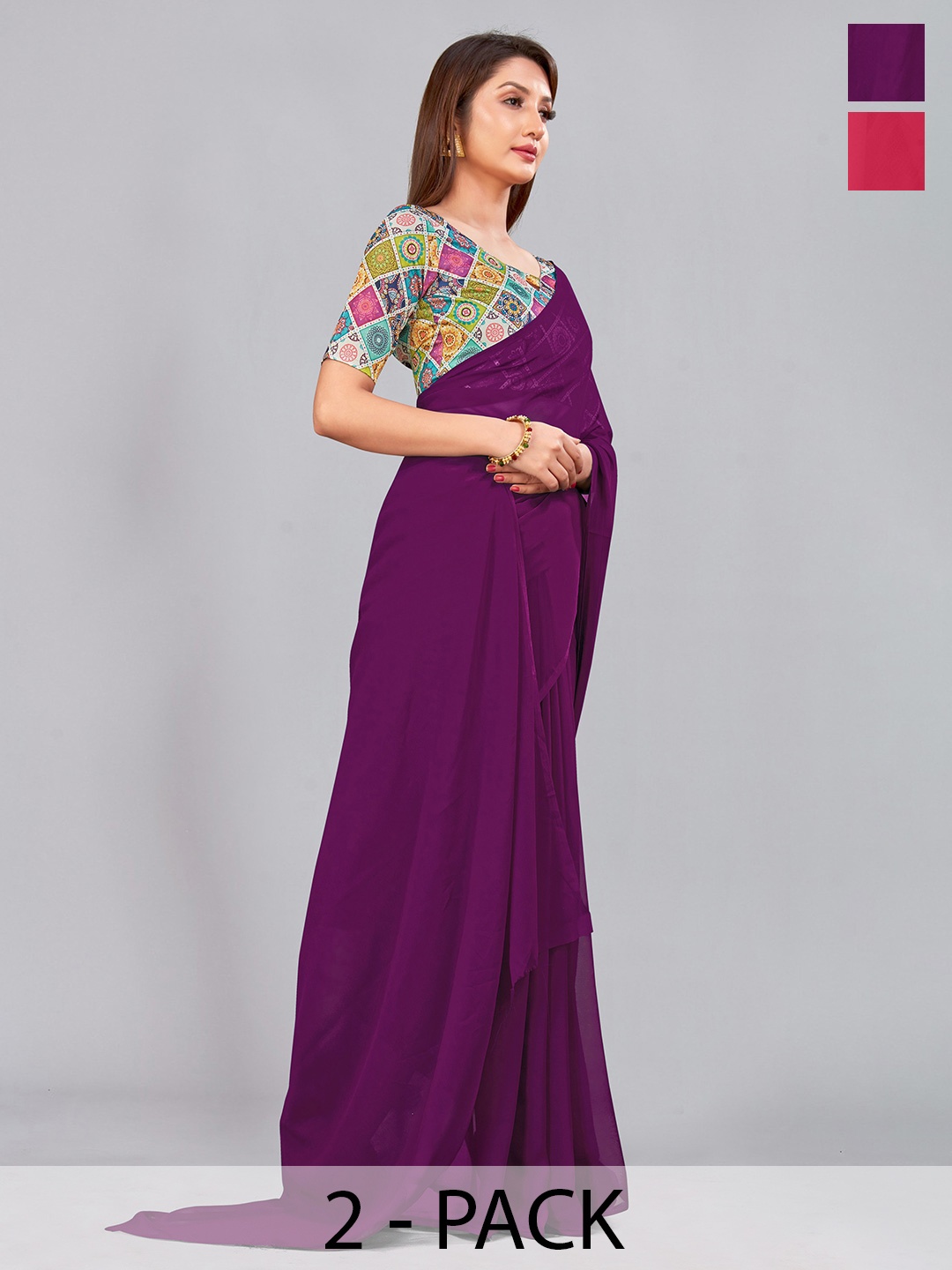 

CastilloFab Selection Of 2 Pure Georgette Saree, Burgundy