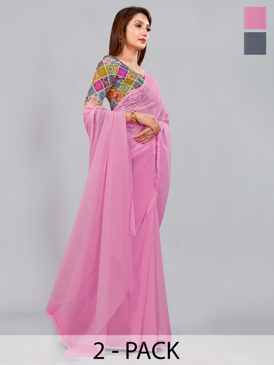 

CastilloFab Selection Of 2 Pure Georgette Saree, Pink