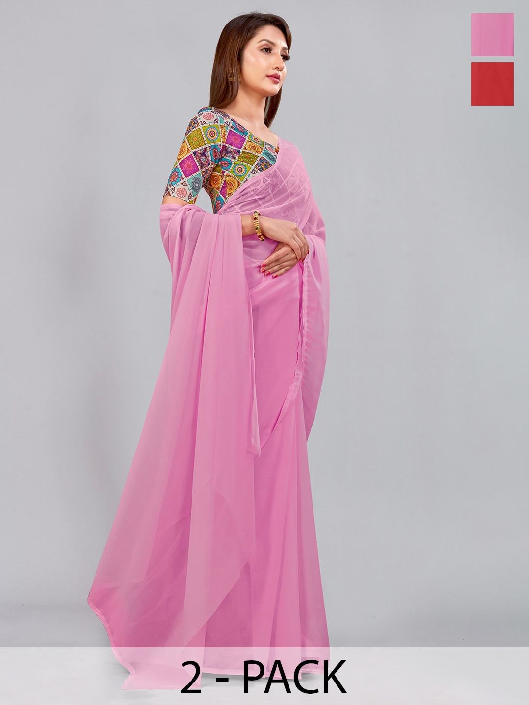 

CastilloFab Selection Of 2 Pure Georgette Saree, Pink