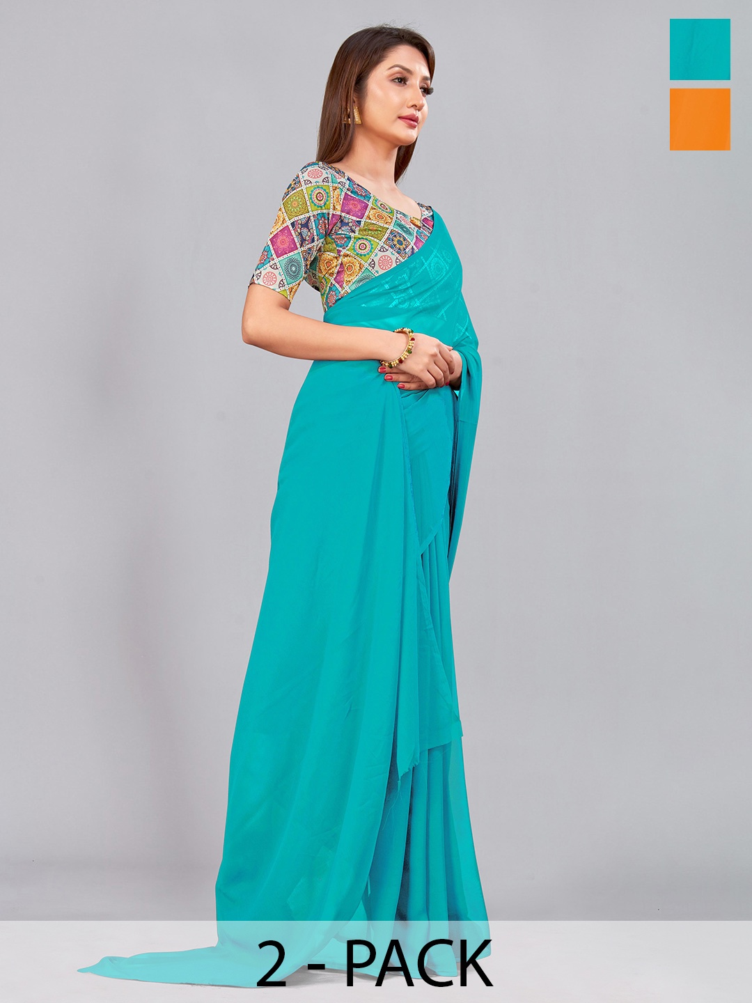 

CastilloFab Selection Of 2 Pure Georgette Saree, Turquoise blue