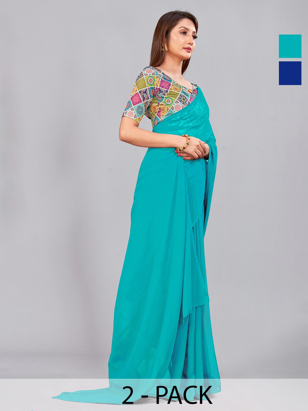 

CastilloFab Selection Of 2 Pure Georgette Saree, Turquoise blue