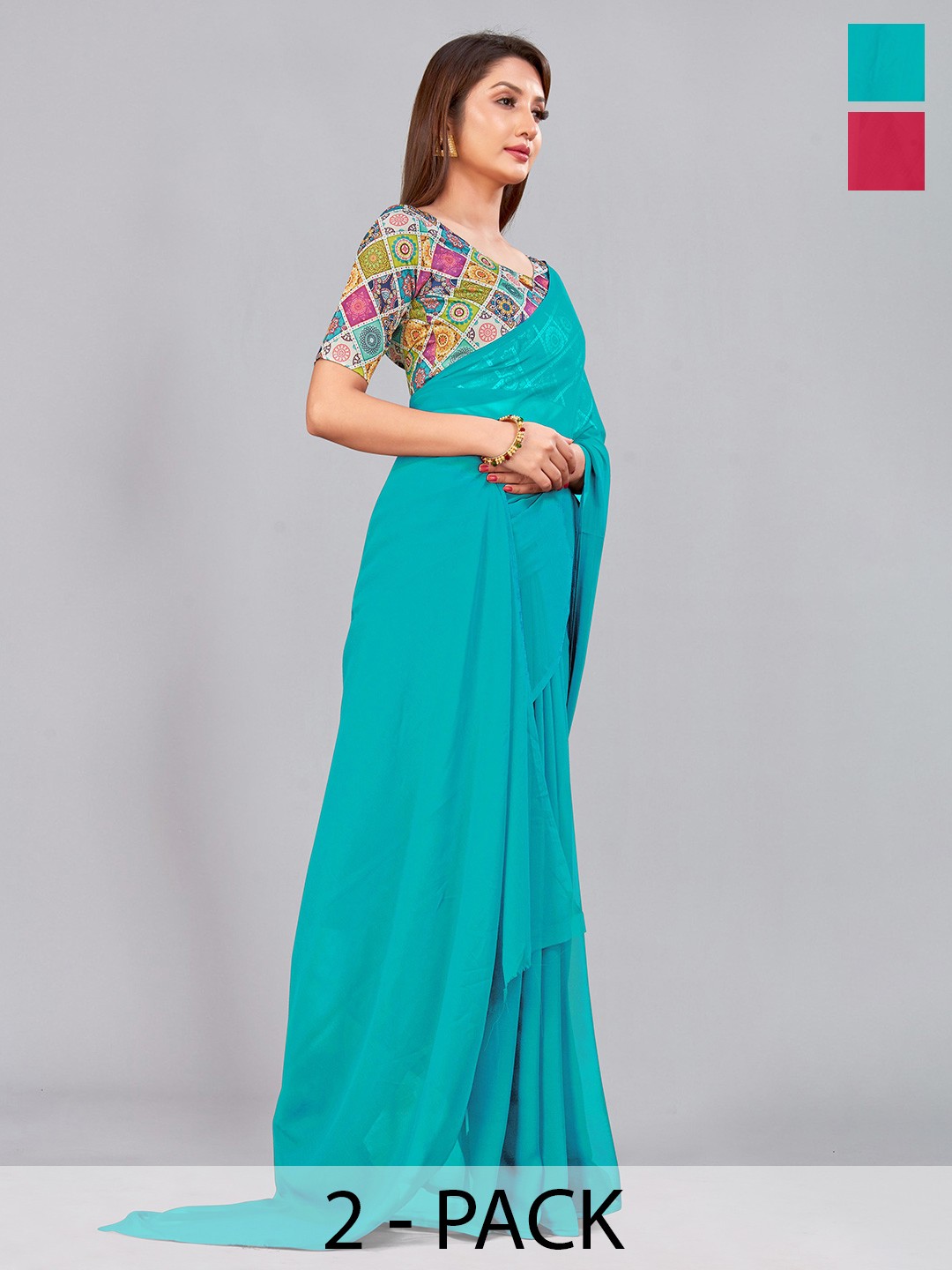 

CastilloFab Selection Of 2 Pure Georgette Saree, Turquoise blue