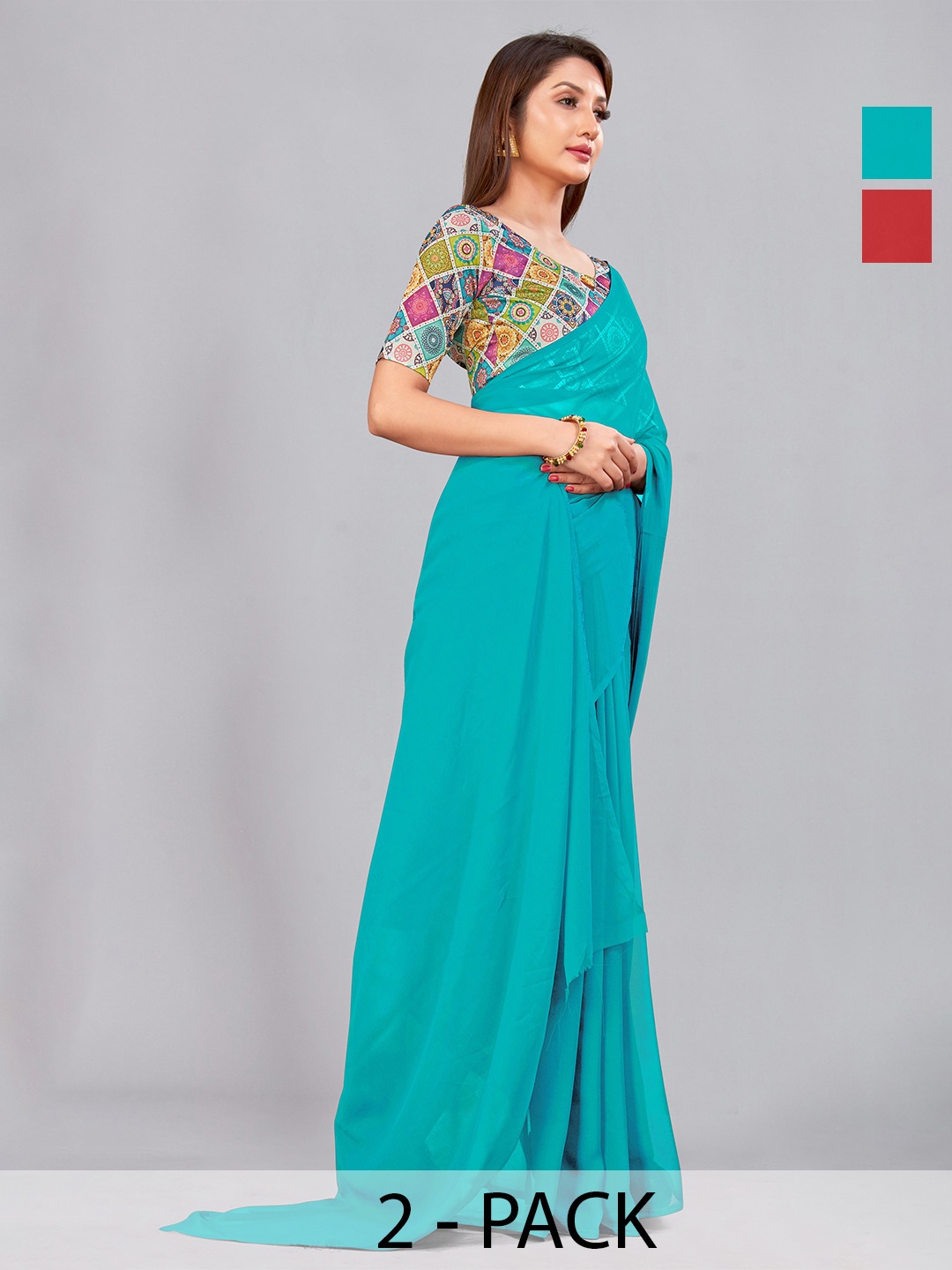 

CastilloFab Selection Of 2 Pure Georgette Saree, Turquoise blue
