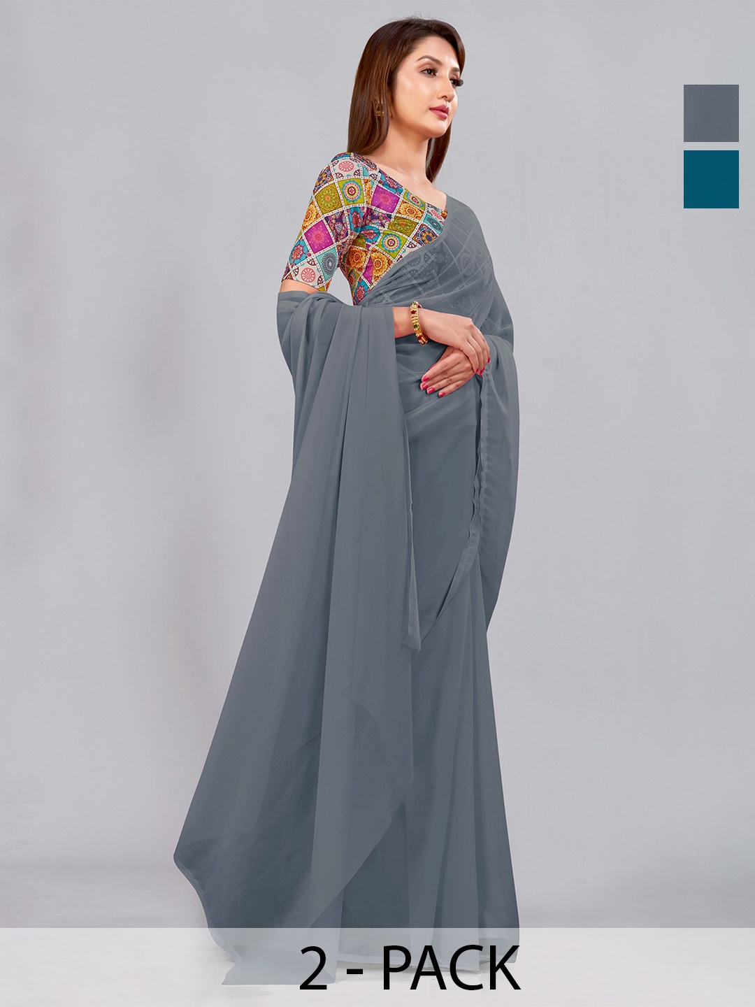 

CastilloFab Selection Of 2 Pure Georgette Saree, Grey