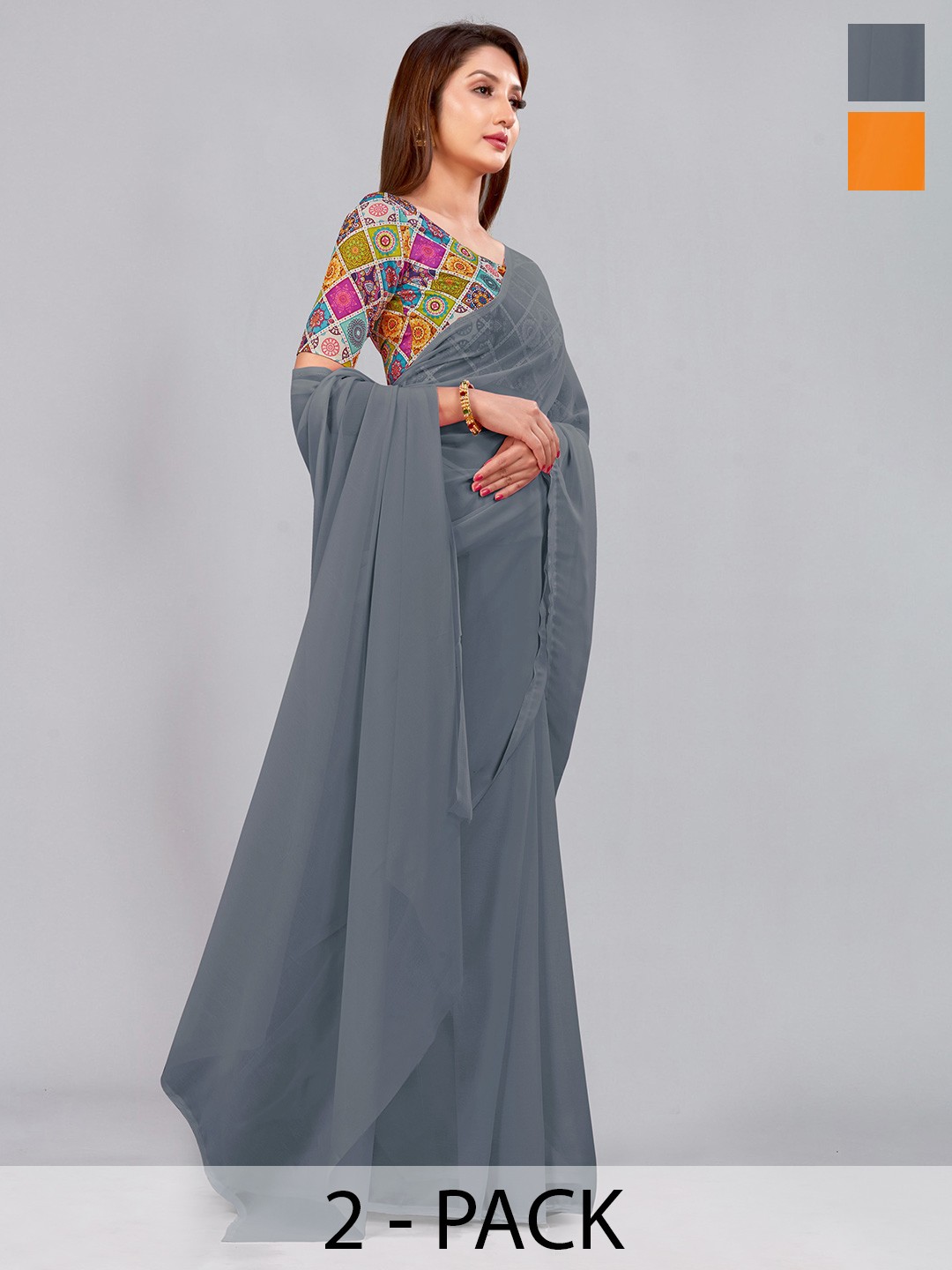 

CastilloFab Selection Of 2 Pure Georgette Saree, Grey