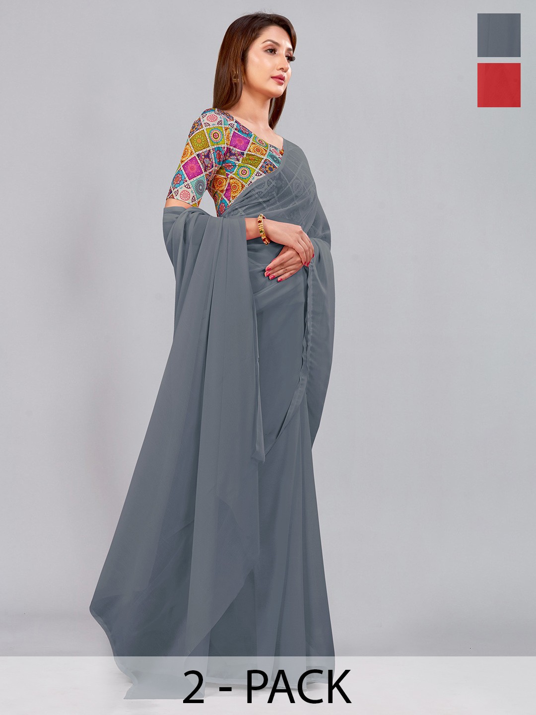 

CastilloFab Selection Of 2 Pure Georgette Saree, Grey
