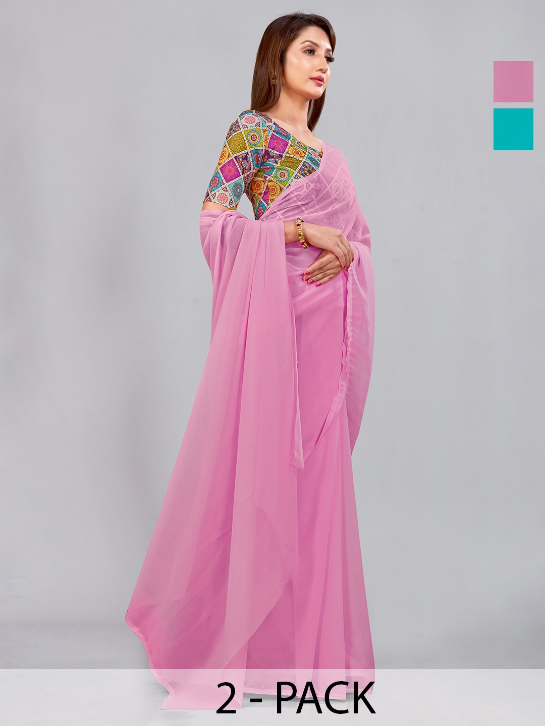 

CastilloFab Selection Of 2 Pure Georgette Saree, Pink