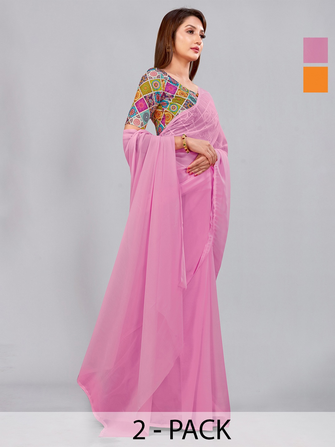 

CastilloFab Selection Of 2 Pure Georgette Saree, Pink