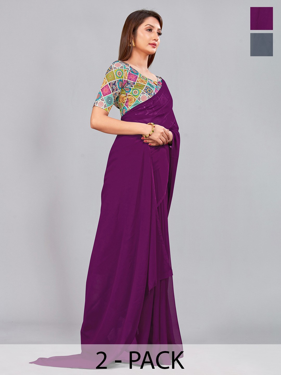 

CastilloFab Selection Of 2 Pure Georgette Saree, Burgundy