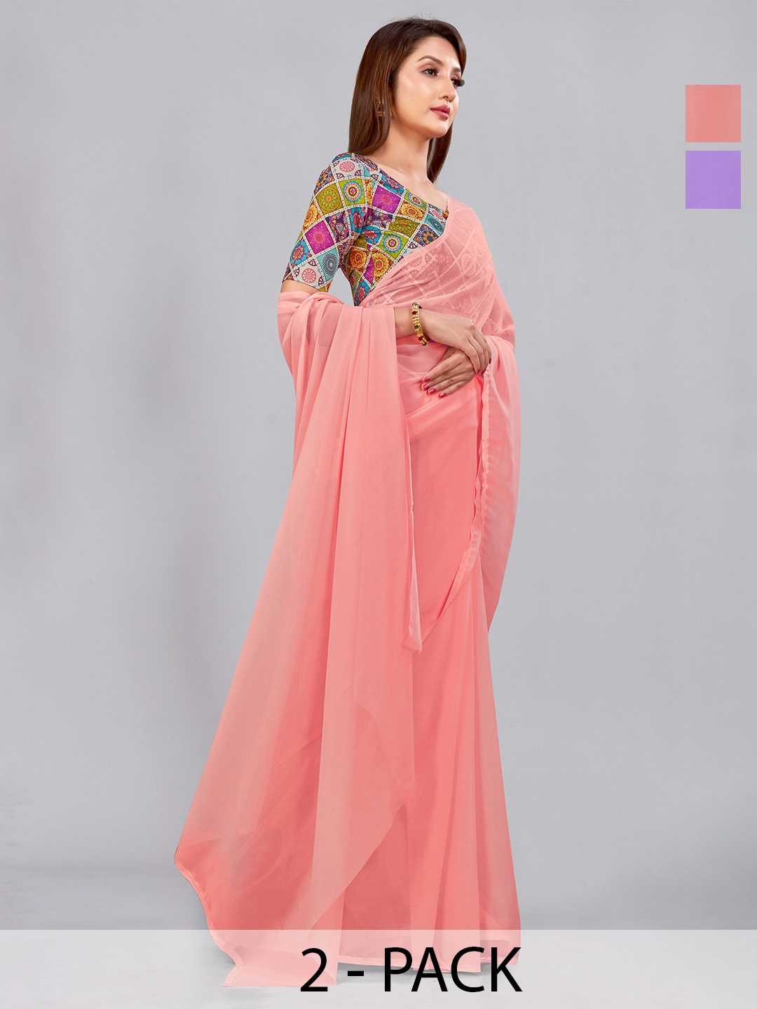 

CastilloFab Selection Of 2 Pure Georgette Saree, Peach