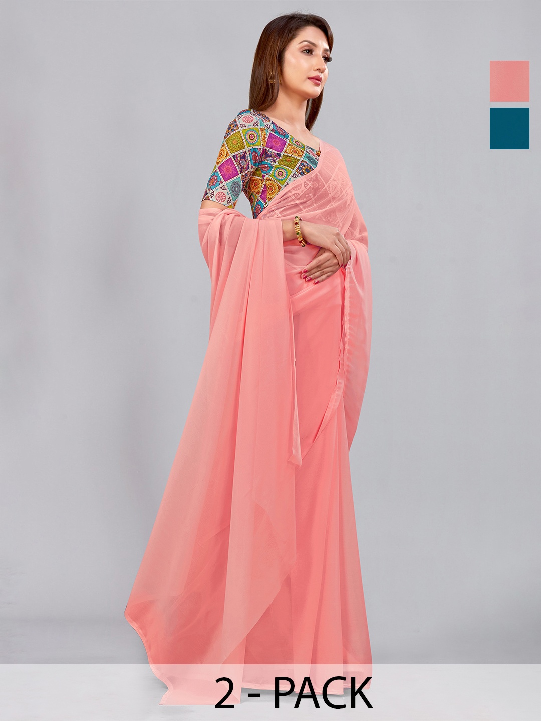 

CastilloFab Selection Of 2 Pure Georgette Saree, Peach