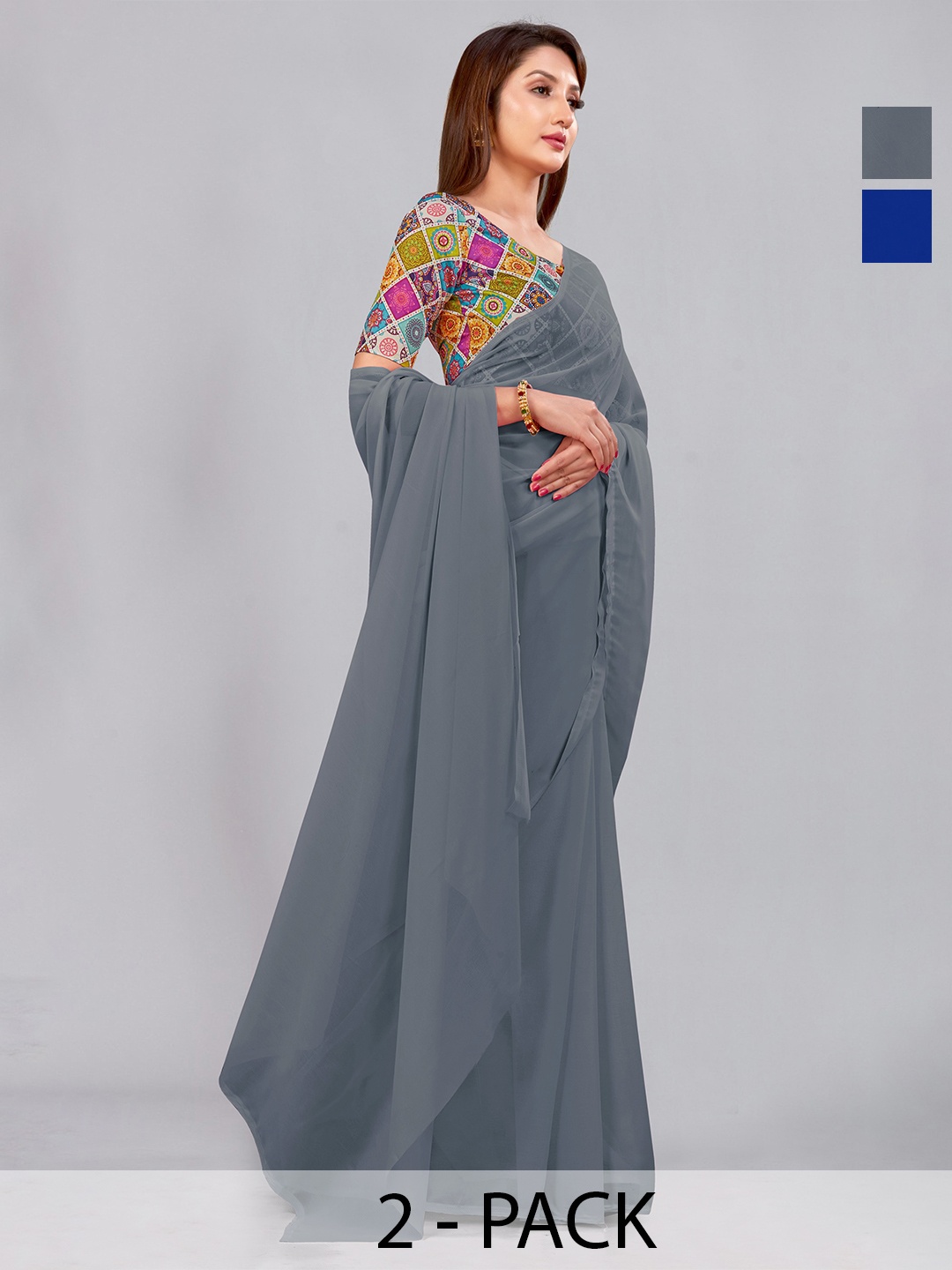

CastilloFab Selection Of 2 Pure Georgette Saree, Grey