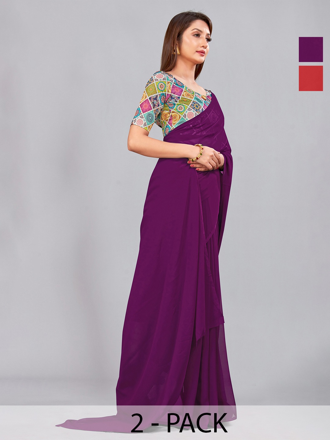 

CastilloFab Selection Of 2 Pure Georgette Saree, Burgundy