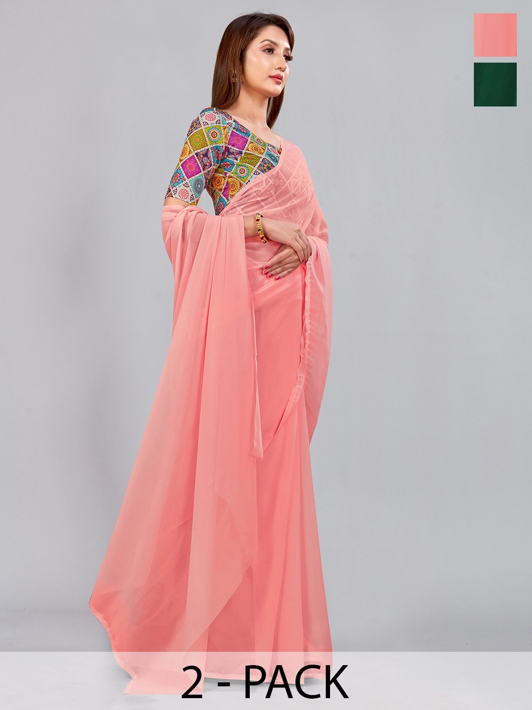 

CastilloFab Selection Of 2 Pure Georgette Saree, Peach