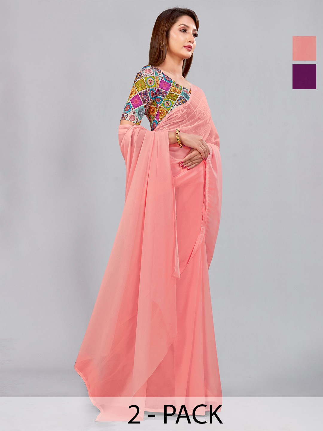 

CastilloFab Selection Of 2 Pure Georgette Saree, Peach