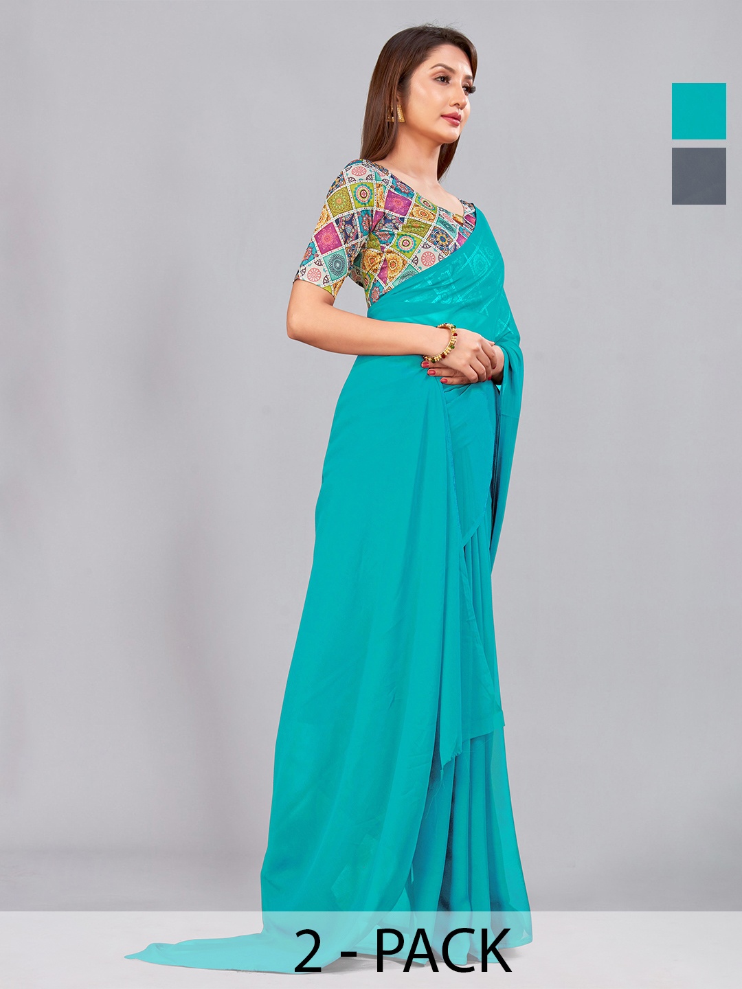 

CastilloFab Selection Of 2 Pure Georgette Saree, Turquoise blue