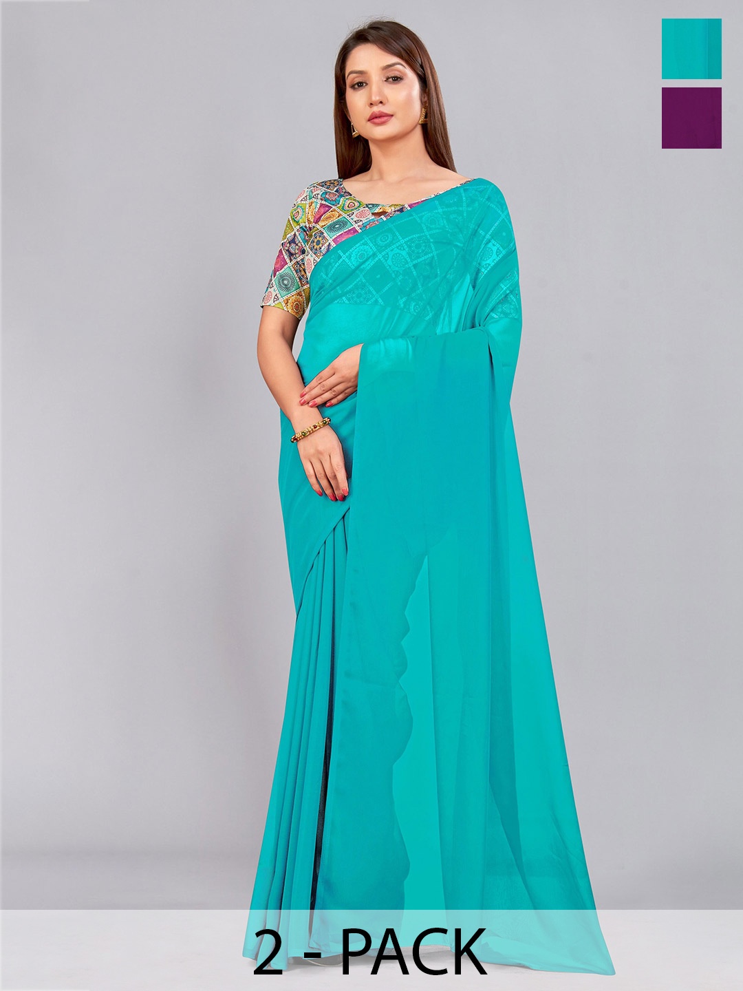 

CastilloFab Selection Of 2 Pure Georgette Saree, Turquoise blue