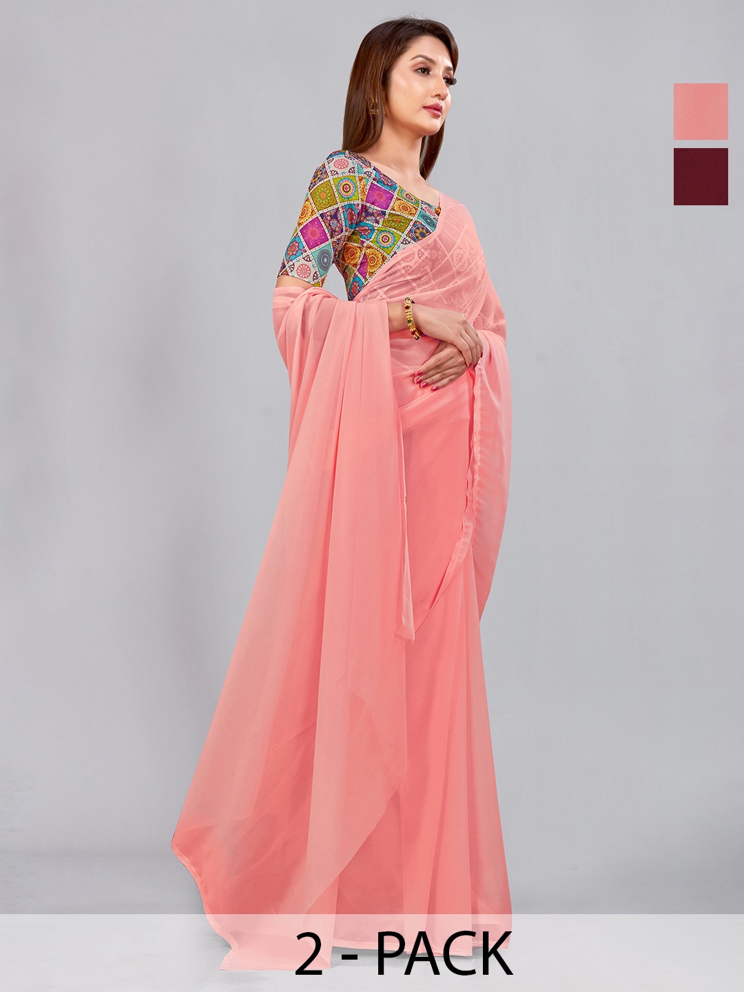 

CastilloFab Selection Of 2 Pure Georgette Saree, Peach