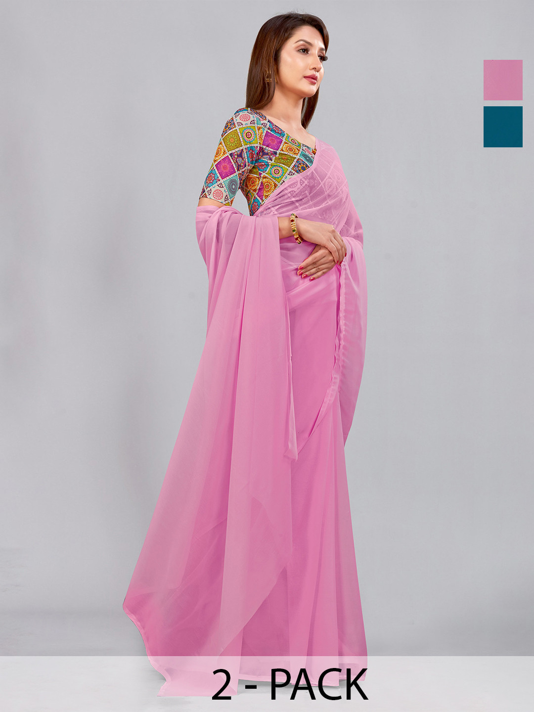 

CastilloFab Selection Of 2 Pure Georgette Saree, Pink