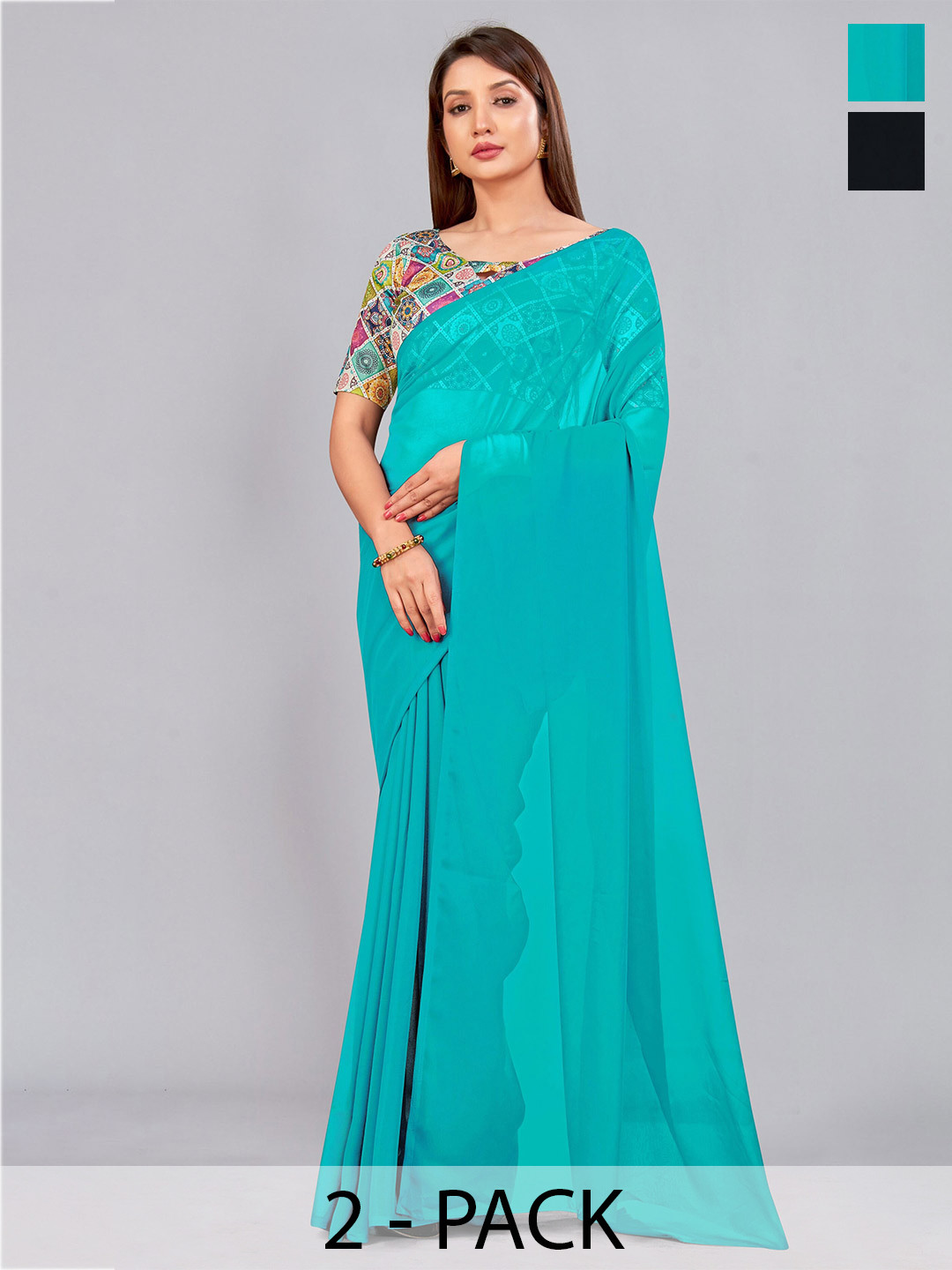 

CastilloFab Selection Of 2 Pure Georgette Saree, Turquoise blue