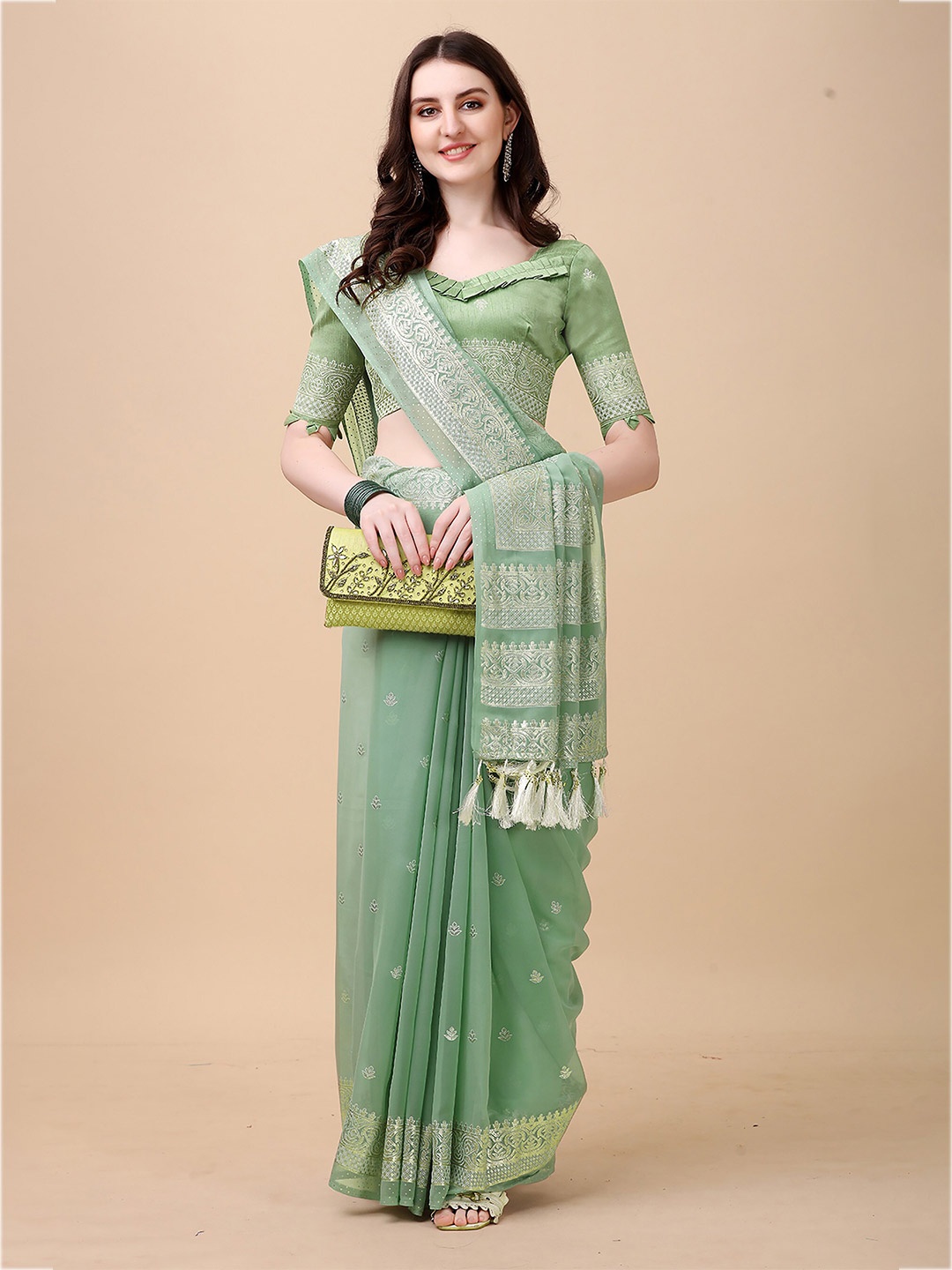 

KALINI Ethnic Motifs Woven Design Zari Kanjeevaram Saree, Green